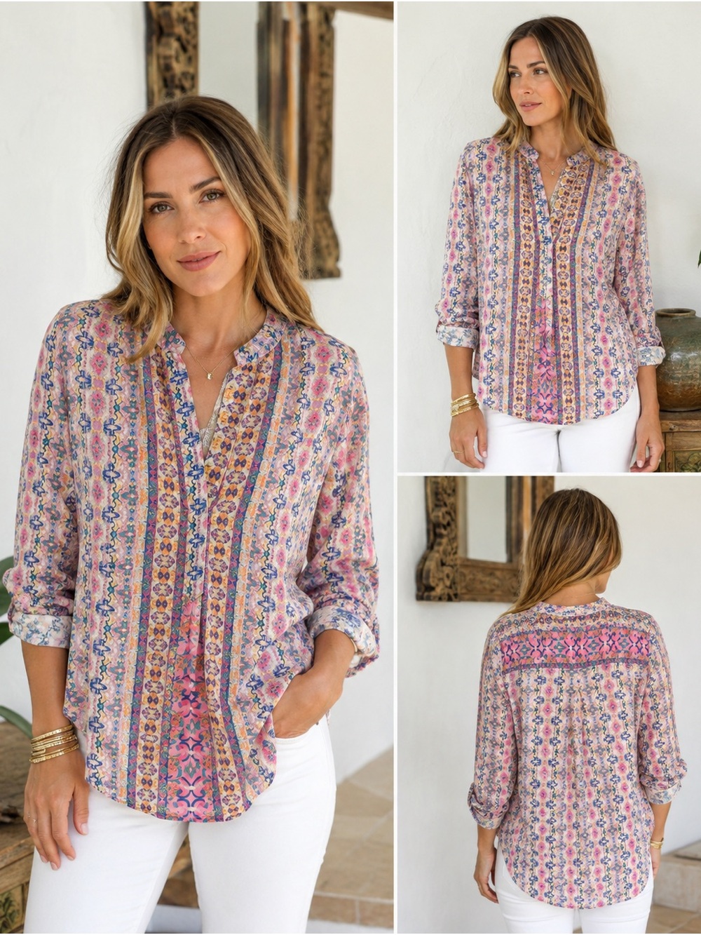 Feathers by Tolani modal mandarin collar boho mixed print tunic blouse pink S